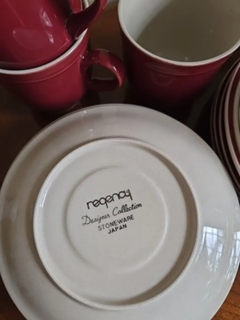Burgundy Red Salad Plates, Teacups & Saucer Floral Newcor Stoneware 12 Pieces